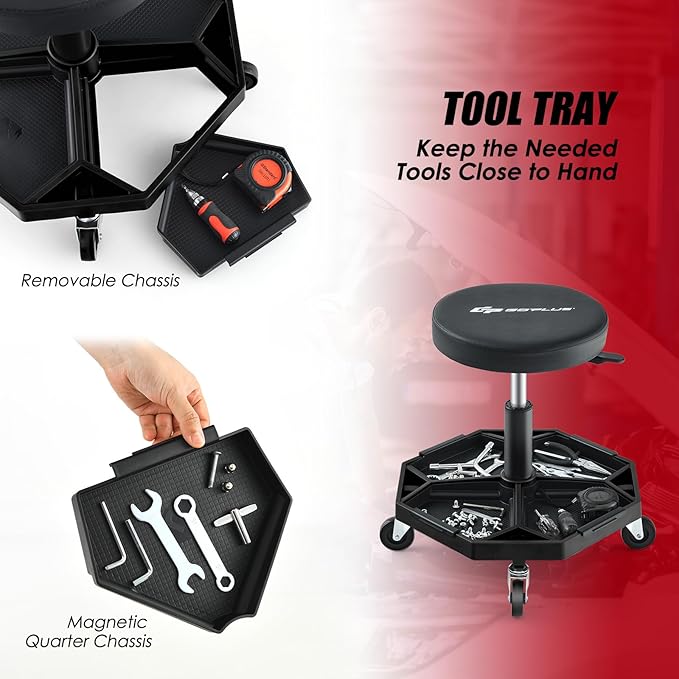 Goplus Mechanic Stool, Rolling Garage Chair with 16”-22” Adjustable Height, Removable Magnetic Tool Tray, 2” Thick Padded Cushion, Universal Wheels, 330LBS, Roller Creeper Seat (Black)