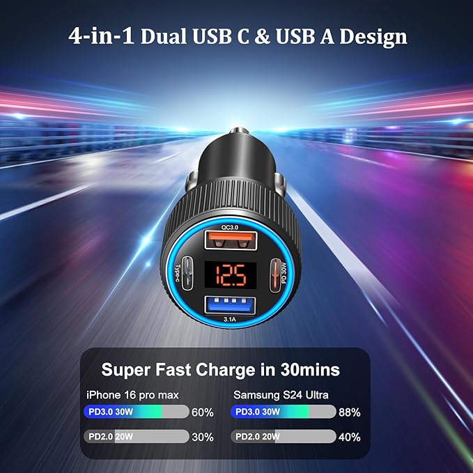 USB C Car Charger, Costyle 65W Dual USB-C & USB-A Multi Port Cigarette Lighter Adapter with Voltmeter QC/PD 3.0 Fast Charging 12V Car Phone Charger for iPhone 16 15 14 13 12 11 Pro Max Samsung(Black)