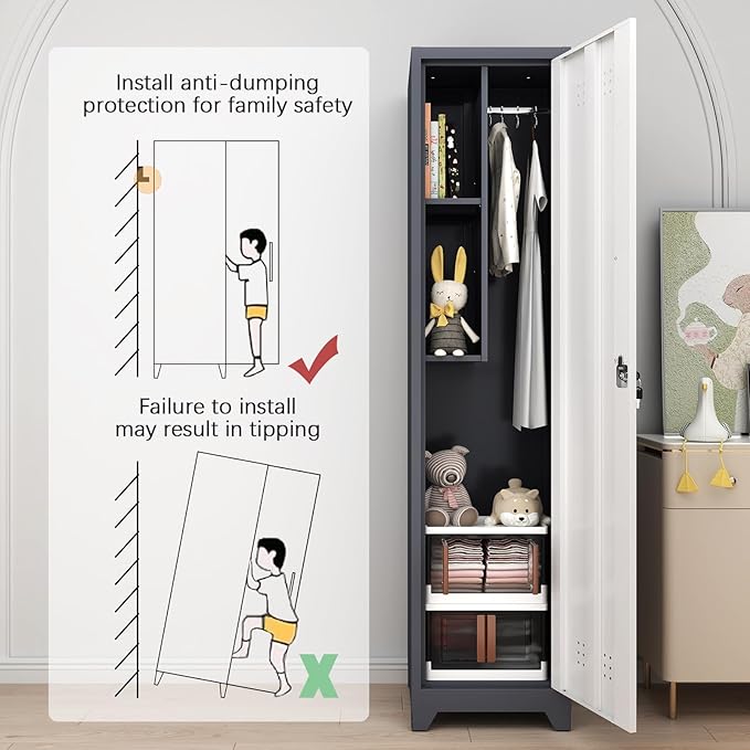 GREATMEET Slim Lockable Garage Storage Cabinet, Narrow Broom Storage Closet, 65" Metal Cleaning Tool Cabinet with Lock and Door,Utility Cabinets for Brooms and Mops for Laundry Room, White&Grey