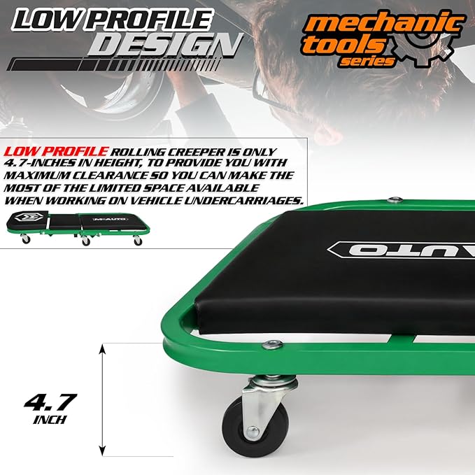M-AUTO 40-Inch Folding Creeper Rolling Seat, All-in-One Adjustable Roller Garage Chair, Lay Down or Sit, 330LBS Capacity Under Car Roller Creeper with 6 Swivel Casters, Green