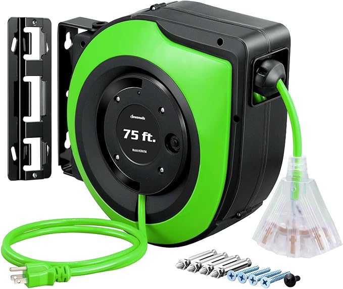 DEWENWILS Retractable Extension Cord Reel, 75 FT Heavy Duty Power Cord, 14/3C SJTOW Retractable Cord Reel, Lighted Triple Outlets, 10A Circuit Breaker, Wall/Ceiling Mount, UL Listed, Green