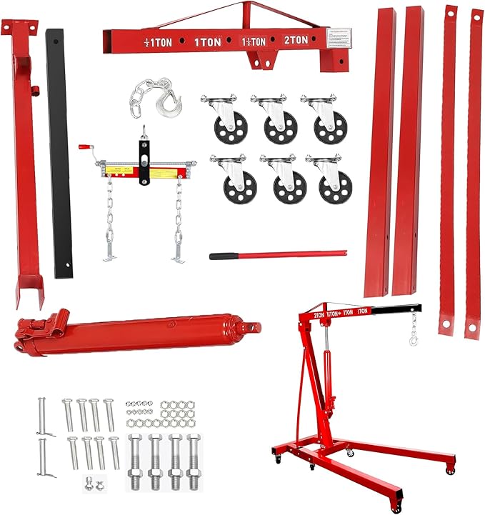 Engine Lift with Load Leveler,2T Heavy Duty Alloy Steel Folding Cherry Picker Engine Lift,Cherry Picker Workshop Crane,8Ton Hydraulic Engine Lift,Engine Lift for Workshop Warehouse Garage (Red)