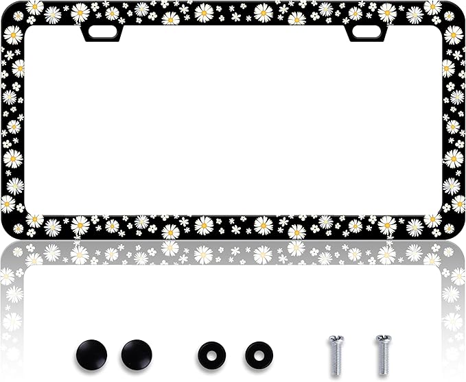 Beautiful Daisy License Plate Frame Daisies License Plate Holder Personalise Stainless Steel Funny Design Compatible with Standard License Plate Holder for USA and Canada 6 X 12 Inch with Screws
