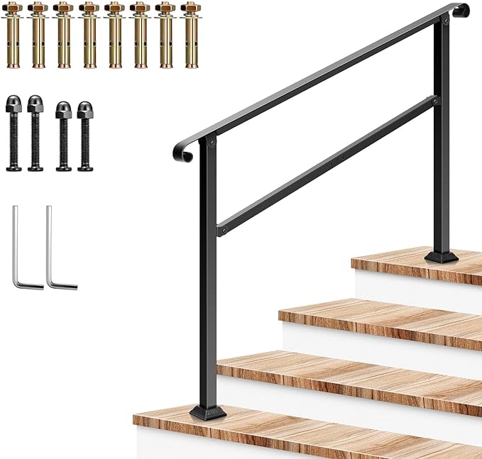 VIVOSUN Outdoor Handrail, 54" x 36" Fits 1-4 Steps, Wrought Iron Stair Railing with Curved Ends, One-Step Assembly, Black