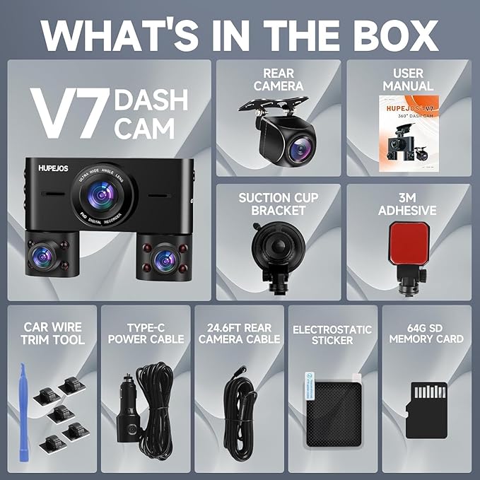 360° Dash Cam Front and Rear Inside, 4 Channel Dash Camera for Cars FHD 1080Px4, Built-in Wi-Fi, 3.16” IPS Screen, WDR Night Vision, Voice Control, Included 64GB Card, 24H Parking Mode
