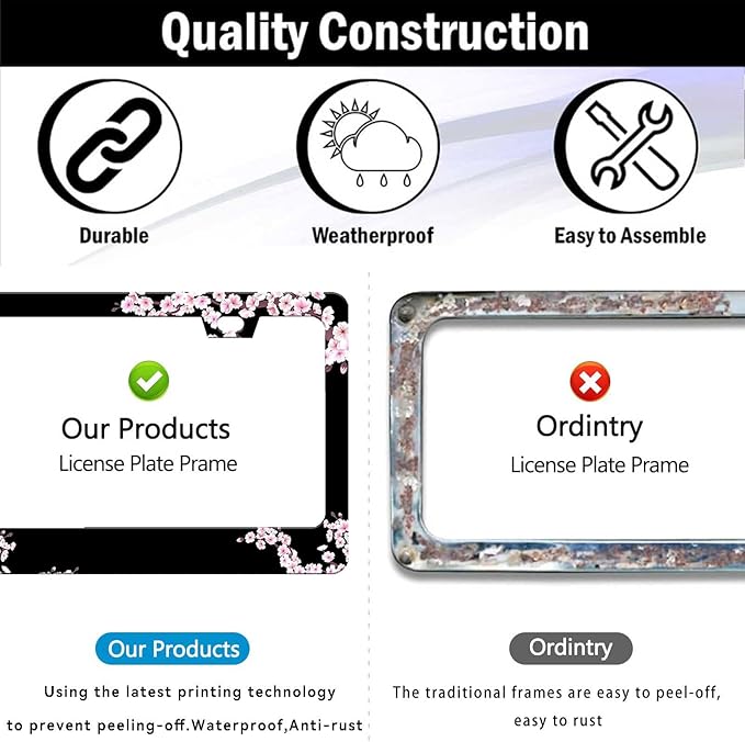 Cherry Blossom License Plate Frame-2 PCS Cherry Floral Flowers License Plate Holder Cover Car Universal Accessories Aluminum Car Tag Frames Fits Standard US Vehicles Size