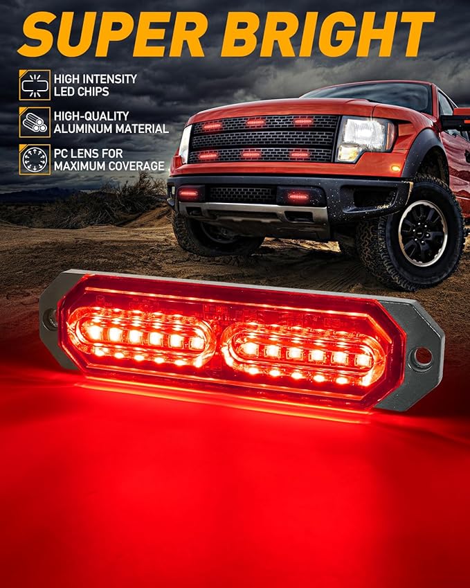HLauto 1200T Emergency Strobe Grille Lights: 8pcs 12 LED Sync Feature Safety Warning Flashing Lights, Ultra Slim Surface Mount Hazard Caution Lights for Trucks, Vehicles, Car, ATV, UTV (Red)