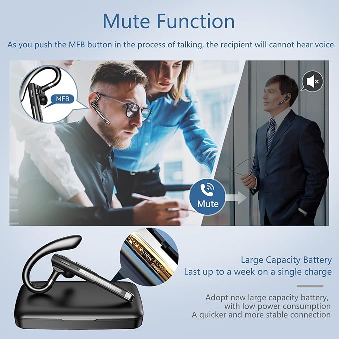 Bluetooth Headset, Wireless Bluetooth Earpiece with mic Trucker Headset for Phone Case Office Phones Built-in Microphone Manos Libres Noise Cancelling