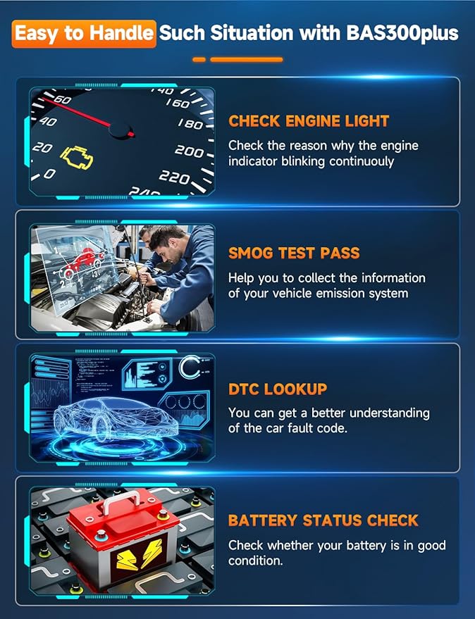 AUTOPHIX BAS300 Plus OBD2 Scanner & Battery Tester(Upgrade of BAS100), 2-in-1 Car Diagnostic Tool, 12V 100-2000 CCA Battery Charging Cranking Test, Check Engine Light Car Code Reader for All US Cars