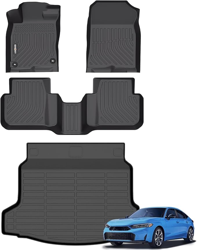 GINOWY-Floor Mats & Cargo Liner for Honda Civic Hybrid 2025(Only for Hatchback), TPE All Weather Civic Car Floor Mats Non-Slip Trunk Mat Floor Liners Waterproof Accessories Black