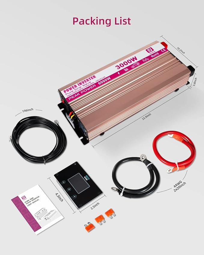 CEJIA Power Inverter 3000W Pure sine Wave ac car Inverter Peak 6000watt 12V DC to 110V 120V AC with led Display,Remote Controller,Dual AC Outlets and 2x2.4A USB Ports for RV,Solar System Emergency