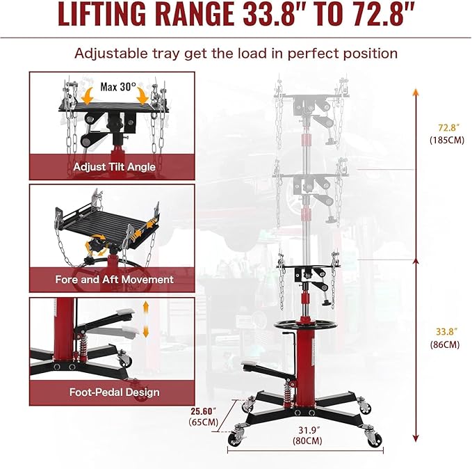 Transmission Jack 1100 LBS Hydraulic Telescoping 2-Stage Lift Jack Stand 33.8"-72.8" High Lift Transmission Jacks with Foot Pedal & 360° Swivel Wheels for for Garage/Workshop Car and Truck Repairs