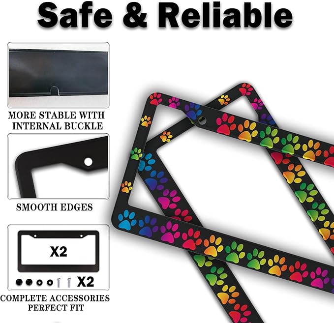 License Plate Holder Rainbow License Plate Frames Colors of The Rainbow Dog Paw Universal Aluminum Car Accessory 2 Pack with Screw Covers Set