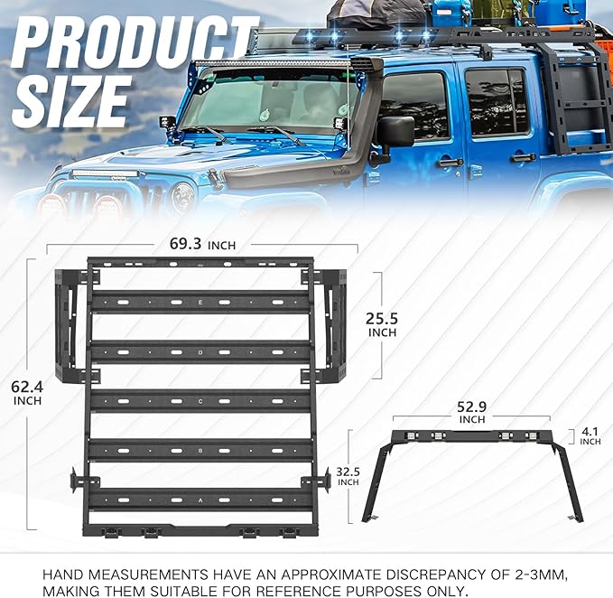 for JK JKU Roof Rack Hard Top Cargo Basket with Ladder & 4 LED Lights Compatible with 2007-2018 Jeep Wrangler JK JKU Unlimited 4 Doors Hardtop, Rooftop Rack Carrier Luggage Storage Holder