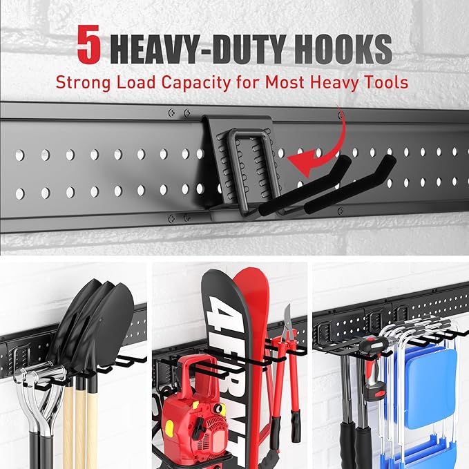 Garage Tool Organizer Wall Mount 48 inches with 10 Adjustable Heavy-Duty Hooks, Garage Organization, Garden Tool Storage Rack for Garage, Yard, and Shed, Holds Up to 400 lbs