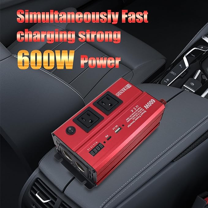 HITRENDS 600W Inverter for Car Power Inverters, 12V DC to 110V AC Converter with 3.0 A USB & PD 30W Type-C Port & 2 AC Outlets, 12 Volt Battery Inverter Car Cigarette Lighter for RV Truck