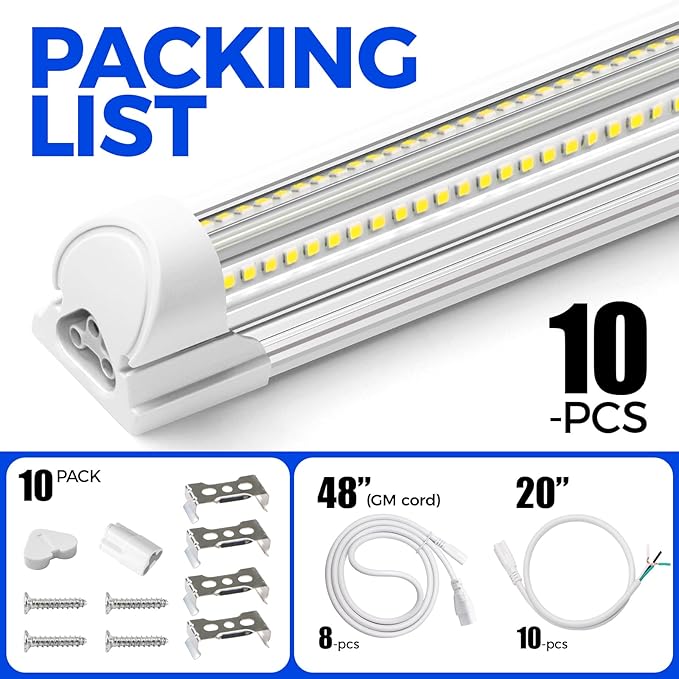 Barrina 8FT LED Shop Light, 100W 15000LM 6500K Super Bright White, Linkable T8 Shop Lighting LED V Shape Led Tube Lights, Ceiling Lights Fixtures for Garage, Workshop, ETL Listed, 10 Pack