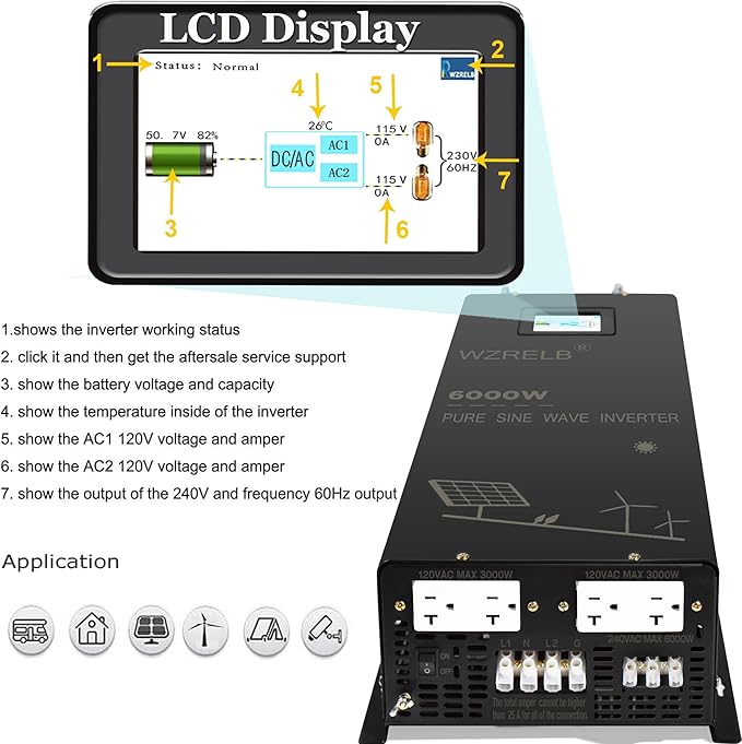 WZRELB 6000W Split Phase Pure Sine Wave Inverter, 48V DC to 120V/240V AC, 4 AC Outlets, Hardwire Terminal, High Efficiency up to 91.6%