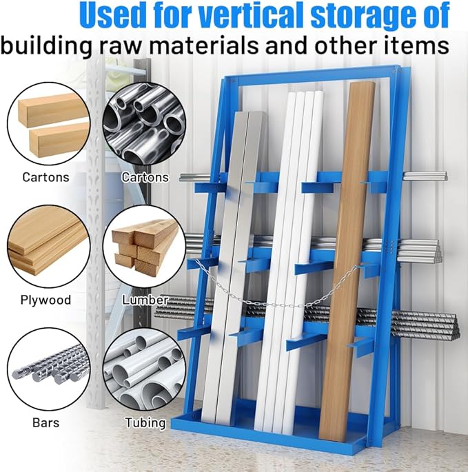 Yeeoy Steel Vertical Bar Rack, Lumber Storage Rack with Safety Chain, Heavy Duty Long Parts Storage Rack, Pipe Organizer Shelf for Garage Workshop Factory, 3000 LB Capacity, Blue