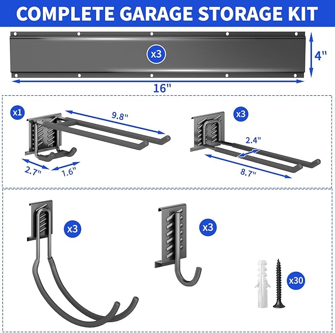 Garage Organization Tool Organizer Wall Mount, 64inch Heavy Duty Garden Tool organizer Storage System, Easy Install With 10 Adjustable Hooks, For Garage, Basement, Shed, Workshop(Black)
