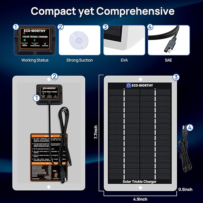 ECO-WORTHY Solar Battery Charger 12 Volt Waterproof Portable Power Solar Panel Solar Trickle Car Battery Charger Maintainer for Car Truck Boat RV Motorcycle Marine Trailer Battery，Plug and Play