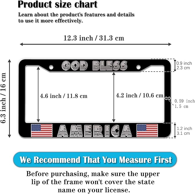Car Plate Frame for Men Black and White License Plate Frames for Women God Bless America Aluminum Metal Car Accessory 2 Pack with Screw Covers Set