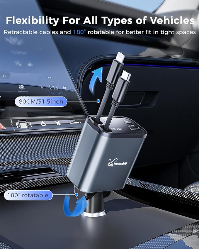 Retractable 70W USB Car Charger Adapter, 4 in 1 Fast Phone Charger, 2 Retractable Cords, USB C, Compatible with iPhone 16/15/15 Pro Max/14/13/12/11, Samsung