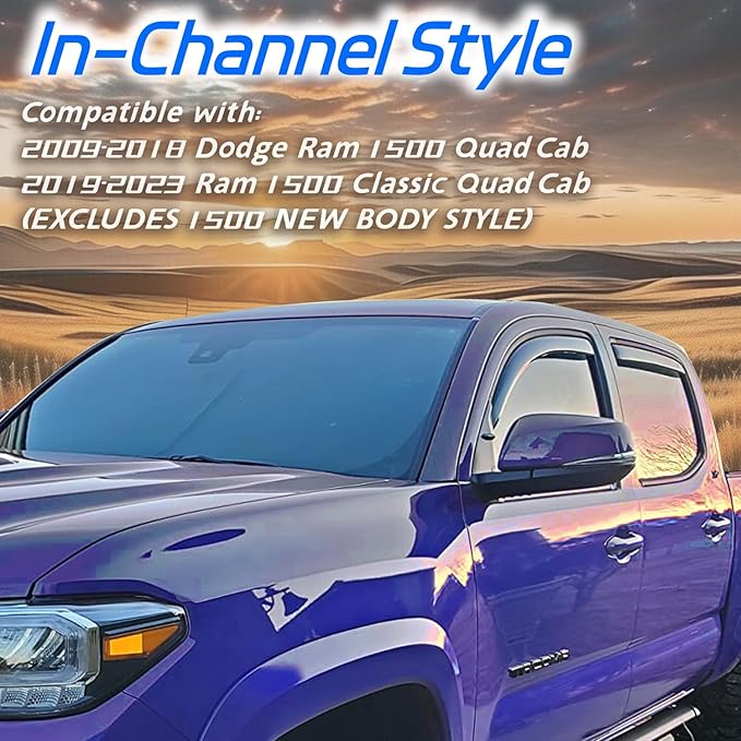 4 PCS in Channel Rain Guards for 2009-2018 Dodge Ram 1500 Quad Cab, Smoke Tinted Vent Window Visors, Side Window Deflectors Vent Shade Shield, 2010 2011 2012 2013 2014 2015 2016 2017