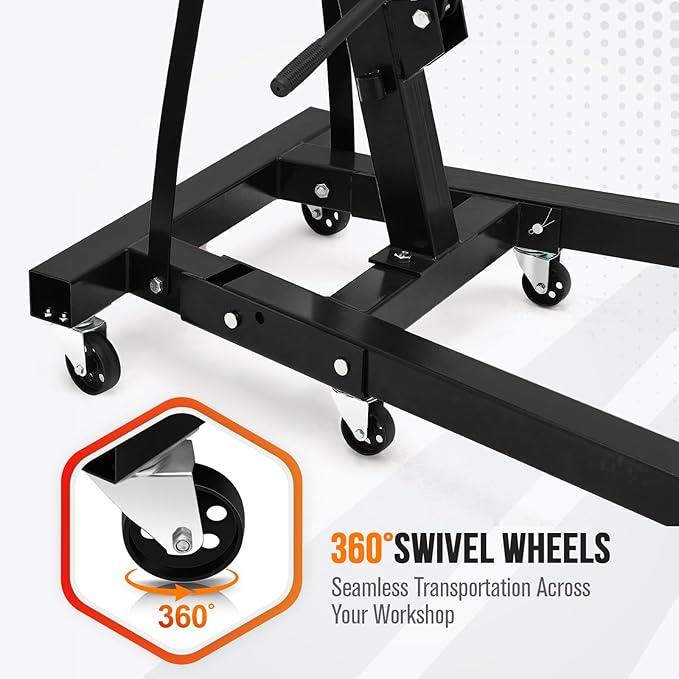 2 Ton Hydraulic Engine Hoist with Lever Stabilizer , Cherry Picker Engine Hoist, 4400LBS Heavy Duty Garage Crane with 6 Swivel Casters & Adjustable Telescopic Boom, for Auto Repair & Workshop (Black)