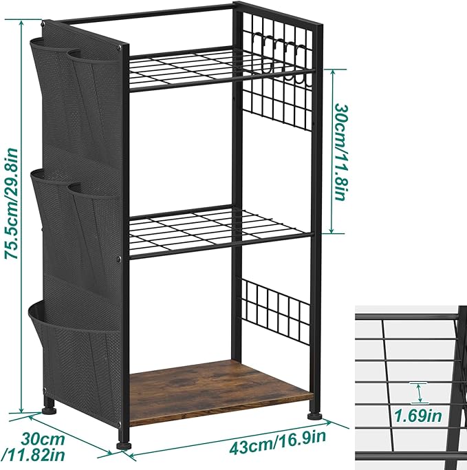 YBING Garden Tool Organizer, Yard Tool Stand with Side Storage Pockets, Yard Tower Rack for Garage Storage, Freestanding Tools Organizers and Storage for Shed, Brown