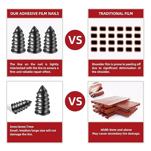 Tire Repair Glue 50ml, Rubber Cement Tire Repair, Tire Plug Glue, Tire Patch Glue Heavy Duty, Three Sizes Tire Repair Nail 9 Pcs, Sidewall Tire Repair Kit for Car, Motorcycle, Bike, Truck, Tractor