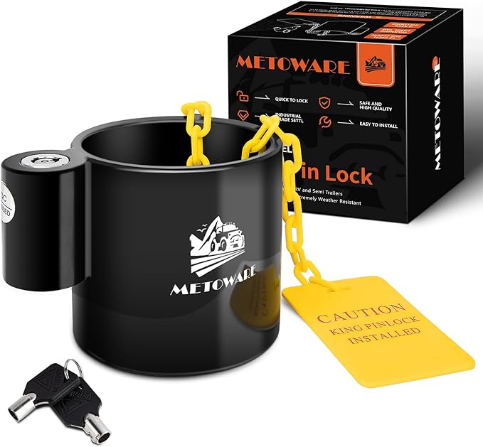METOWARE 5th Wheel King Pin Lock with Warning Tag for 5th Wheel, RVs, Semi Trailers and Campers (Black)
