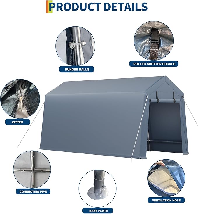 7x15FT Outdoor Storage Shed, Portable Carport with Roll-up Ventilated Zipper Door and Windows, Heavy Duty Waterproof Tarp, Storage Sheds for Motorcycle, Bike, Firewood, Garden Tools