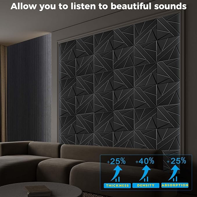 8 Pack Self-Adhesive Soundproof Wall Panels, 12 x 12 x 0.47 in Sound Proof Foam Panels for Walls, 1.2lb/ft³ High Density, Thicker 0.47in, Acoustic Panels, Noise Dampening Panels Studio Black