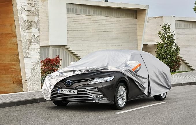 Kayme 6 Layers Car Cover Custom Fit for Toyota Camry Sedan/Solara (1996-2025) Waterproof All Weather for Automobiles, Outdoor Full Cover Rain Sun UV Protection with Zipper Cotton/Silver