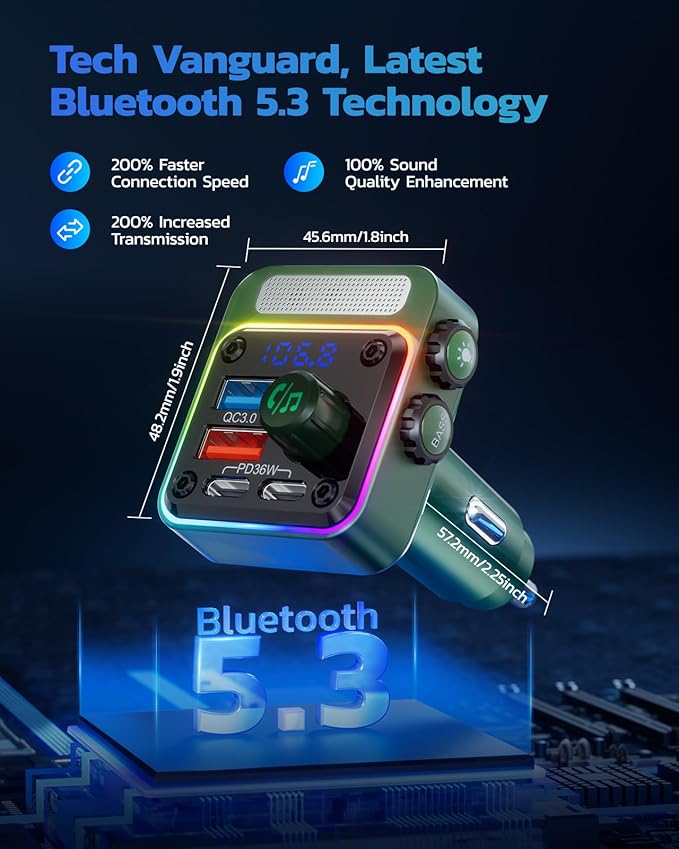 Nulaxy 54W Bluetooth 5.3 Car Adapter with 4 Charging Ports [PD 36W & QC3.0 18W], Wireless Radio FM Transmitter with Deep Bass Player & 5 Colors LED Backlit, Hands-Free Calling - Green