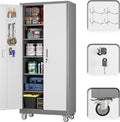 71" H×32" W×16" D Garage Storage Cabinet with Wheels & Pegboard, Locking Metal Storage Cabinet with Doors and 5 Adjustable Shelves & & 4 Hooks for Garage Warehouse Home Office, White and Gray