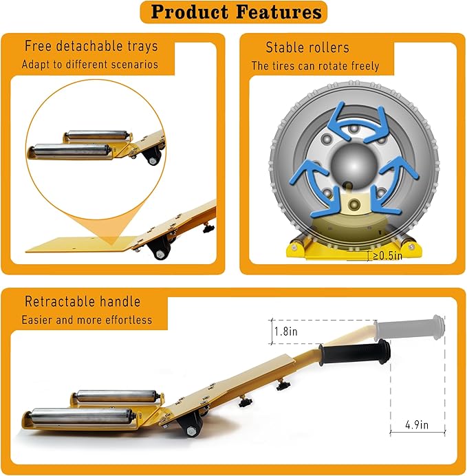 Adjustable Portable Tire Jack, Detachable Roller Plate, Heavy-Duty Tire Lifting Tool,Tire Dolly with A Load Capacity of 120 Pounds, Suitable for Cars, SUVs and Trucks, Bright Yellow Surface
