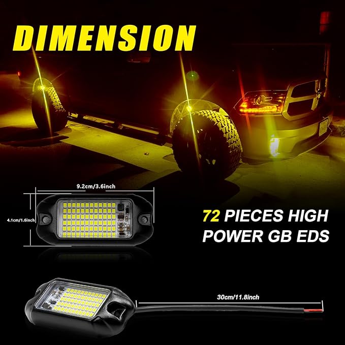 Nicoko 4Pods Pure Yellow 72 LEDs SMD Chips 72w High Power Rock Lights Super Bright Yellow Offroad Car Boat Underglow Lights IP68 Waterproof for Truck SUV UTV ATV RZR