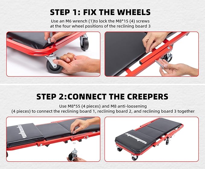 Mechanic Creeper 36 Inches 2-in-1 Z Seat with Brake, 340 lbs Capacity, Foldable Garage Chair Adjustable Rolling Folding with 6 pcs Wheels Roller, Lay Down or Sit Under Car Auto Repair Red Black