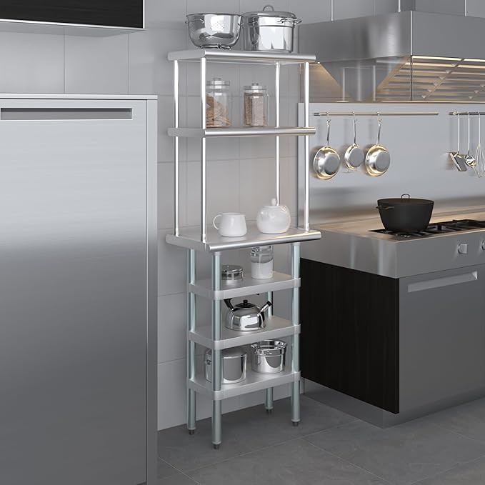 Amgood 14" x 24" Stainless Steel Work Table with 3 Shelves and 12" Wide Double Tier Overshelf | Metal Kitchen Prep Table & Shelving Combo | NSF