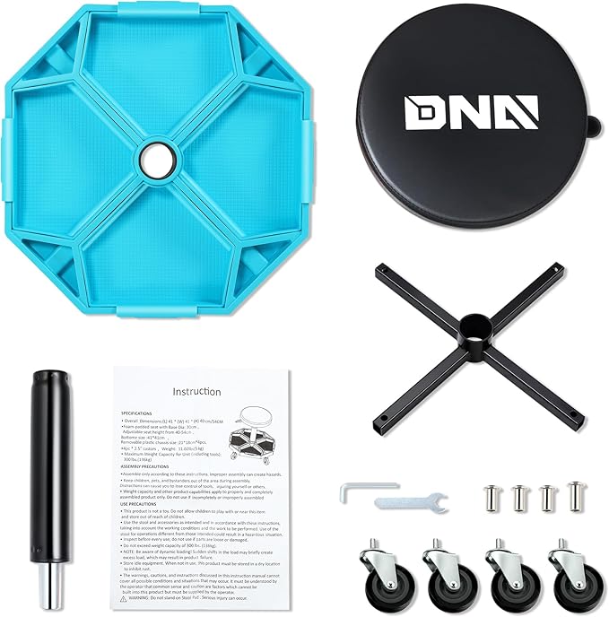 DNA MOTORING Adjustable Height Pneumatic Garage Seat Rolling Mechanic Stool with Tool Tray Storage,300lbs Max Weight Capacity, Blue,TOOLS-00480