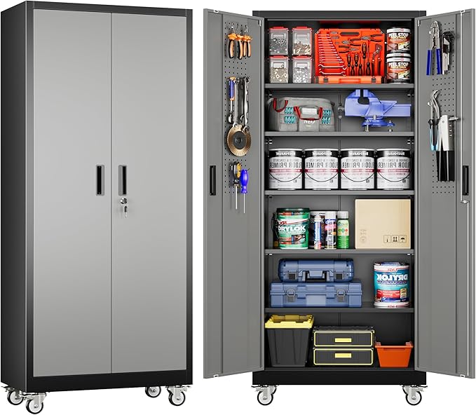 Garage Storage Cabinet with Pegboard and 5 Adjustable Shelves, 71'' x 32'' x 16''Metal Lockable Cabinet with Magnetic Doors,Tool Storage,Home Office Garage,Gym,School (Black-Grey)