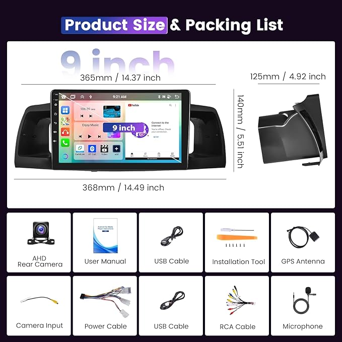 8 Core 4G+64G Car Stereo for Toyota Corolla EX 2007-2012 5G WiFi DSP/32EQ Wireless Carplay Android Auto, 9 Inch 1280 * 720 IPS Touch Screen Car Radio with BT 5.0/Mirror Link/GPS Backup Camera