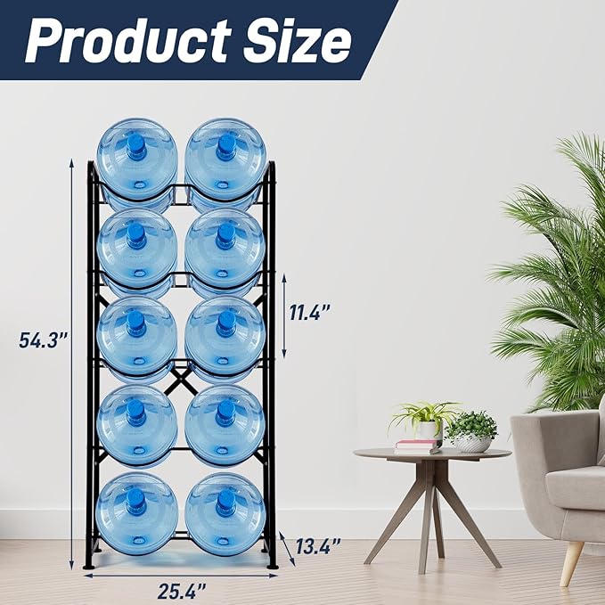5 Gallon Water Jug Holder, 5-Tier Reinforced Carbon Steel Bottle Storage Rack for 10 Bottles - Cooler Organizer for Office, Family, Garages, Restaurant, Gym. Black