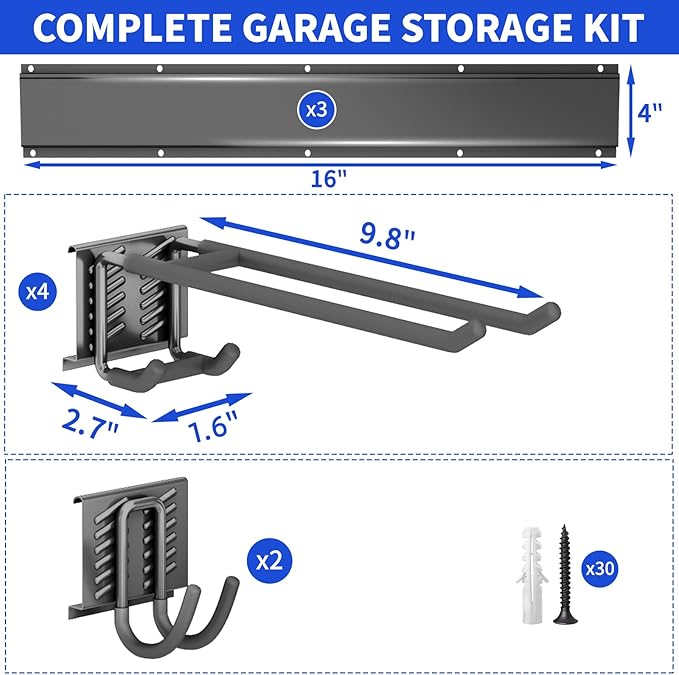 Garage Organization Tool Organizer Wall Mount, 48inch Heavy Duty Garden Tool organizer Storage System, Easy Install With 6 Adjustable Hooks, For Garage, Basement, Shed, Workshop(Black)