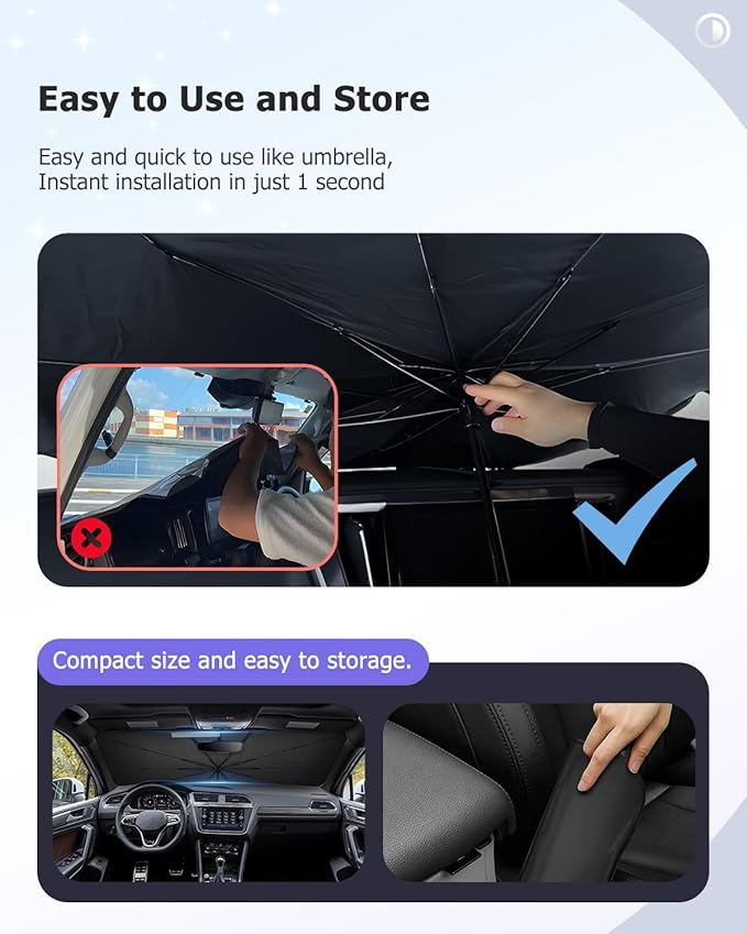 2025 Upgrade Car Windshield Sun Shade Windshield Sunshade Umbrella [Star Fabric] Protect Car from Sun Rays&Heat Damage Keeps Vehicle Cool, Spring Structure Edge Fits Sedans,SUVs,Trucks,Hatchbacks (M2)