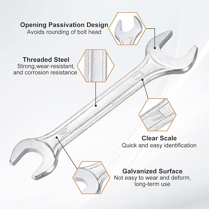 HARFINGTON Double Open End Wrench 14mm x 17mm Metric 15 Degree Offset Angle Small Flat Head Wrench Galvanizing Open Ended Spanner for Automotive Repair Furniture Assembly
