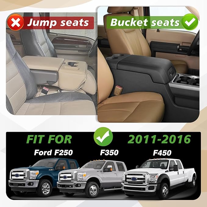 Muslogy Center Console Armrest Cover Compatible with Ford F250 F350 F450 2011-2016 Super Duty Comfort Armrest Pad Arm Rest Cushion Vegan Leather Protector Regular Thick(Bucket Seat ONLY)
