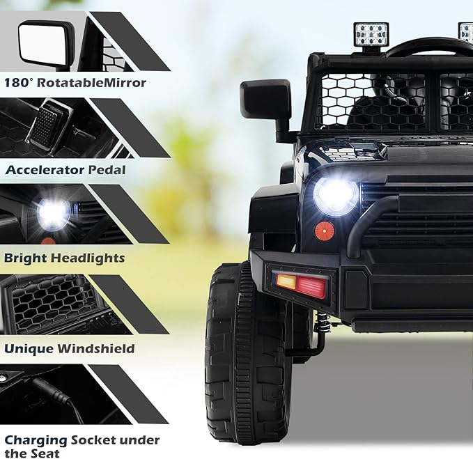 Costzon Ride on Car, 12V Battery Powered Truck Vehicle with Remote Control, Spring Suspension, Headlights, Music, Horn, MP3, USB & Aux Port, Gift for Boys Girls, Electric Car for Kids (Black)